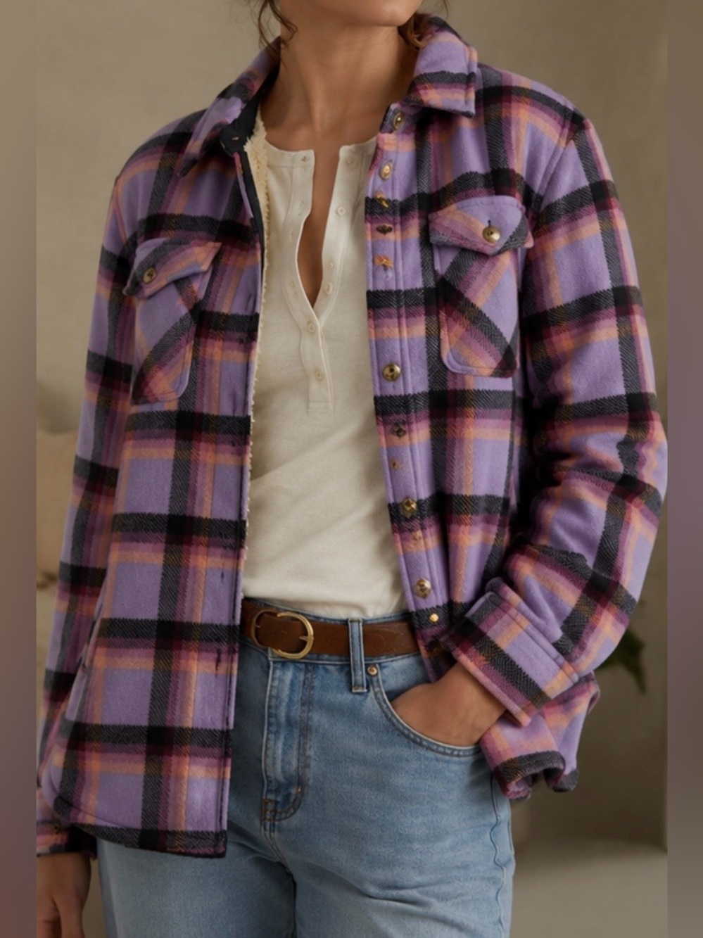 Sage Collective Faux Fur Lined Plaid Shacket Jacket Purple Pink Small Anthro - Picture 2 of 10